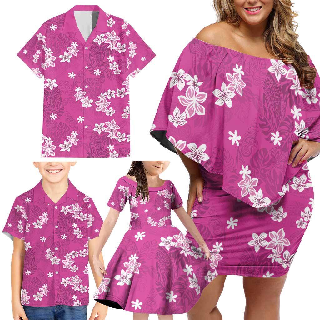Hawaii Monstera Deliciosa Family Matching Off Shoulder Short Dress and Hawaiian Shirt Pink Plumeria Polynesian Pattern - Polynesian Pride