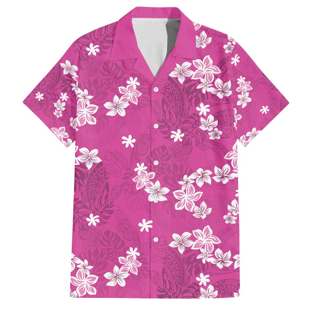 Hawaii Monstera Deliciosa Family Matching Off Shoulder Short Dress and Hawaiian Shirt Pink Plumeria Polynesian Pattern - Polynesian Pride