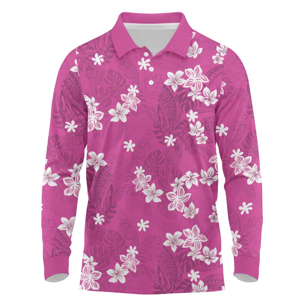 Hawaii Monstera Deliciosa Long Sleeve Polo Shirt Pink Plumeria Polynesian Pattern LT05 Pink - Polynesian Pride