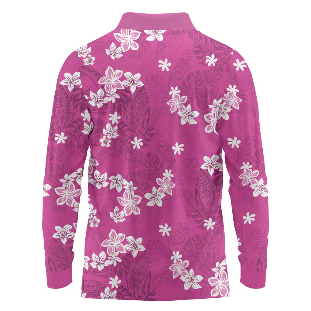 Hawaii Monstera Deliciosa Long Sleeve Polo Shirt Pink Plumeria Polynesian Pattern LT05 - Polynesian Pride
