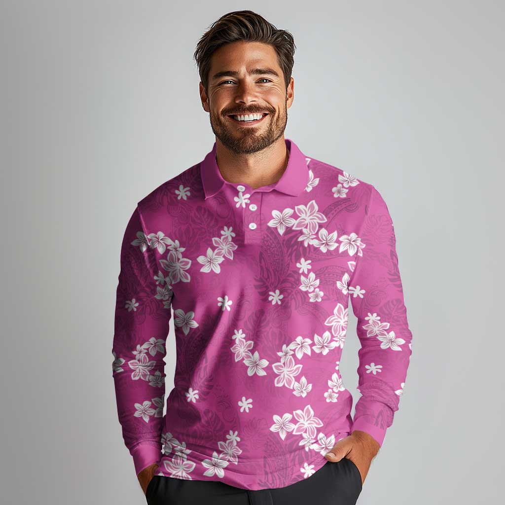 Hawaii Monstera Deliciosa Long Sleeve Polo Shirt Pink Plumeria Polynesian Pattern LT05 - Polynesian Pride