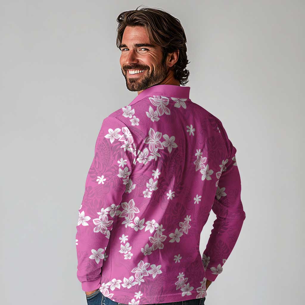 Hawaii Monstera Deliciosa Long Sleeve Polo Shirt Pink Plumeria Polynesian Pattern LT05 - Polynesian Pride