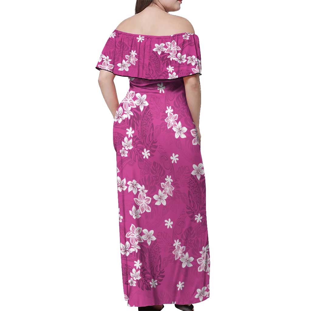 Hawaii Monstera Deliciosa Off Shoulder Maxi Dress Pink Plumeria Polynesian Pattern - Polynesian Pride