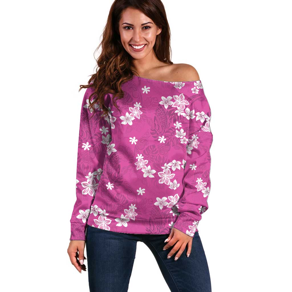 Hawaii Monstera Deliciosa Off Shoulder Sweater Pink Plumeria Polynesian Pattern - Polynesian Pride