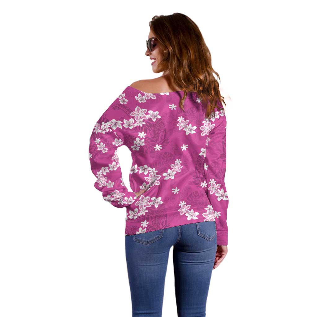 Hawaii Monstera Deliciosa Off Shoulder Sweater Pink Plumeria Polynesian Pattern - Polynesian Pride