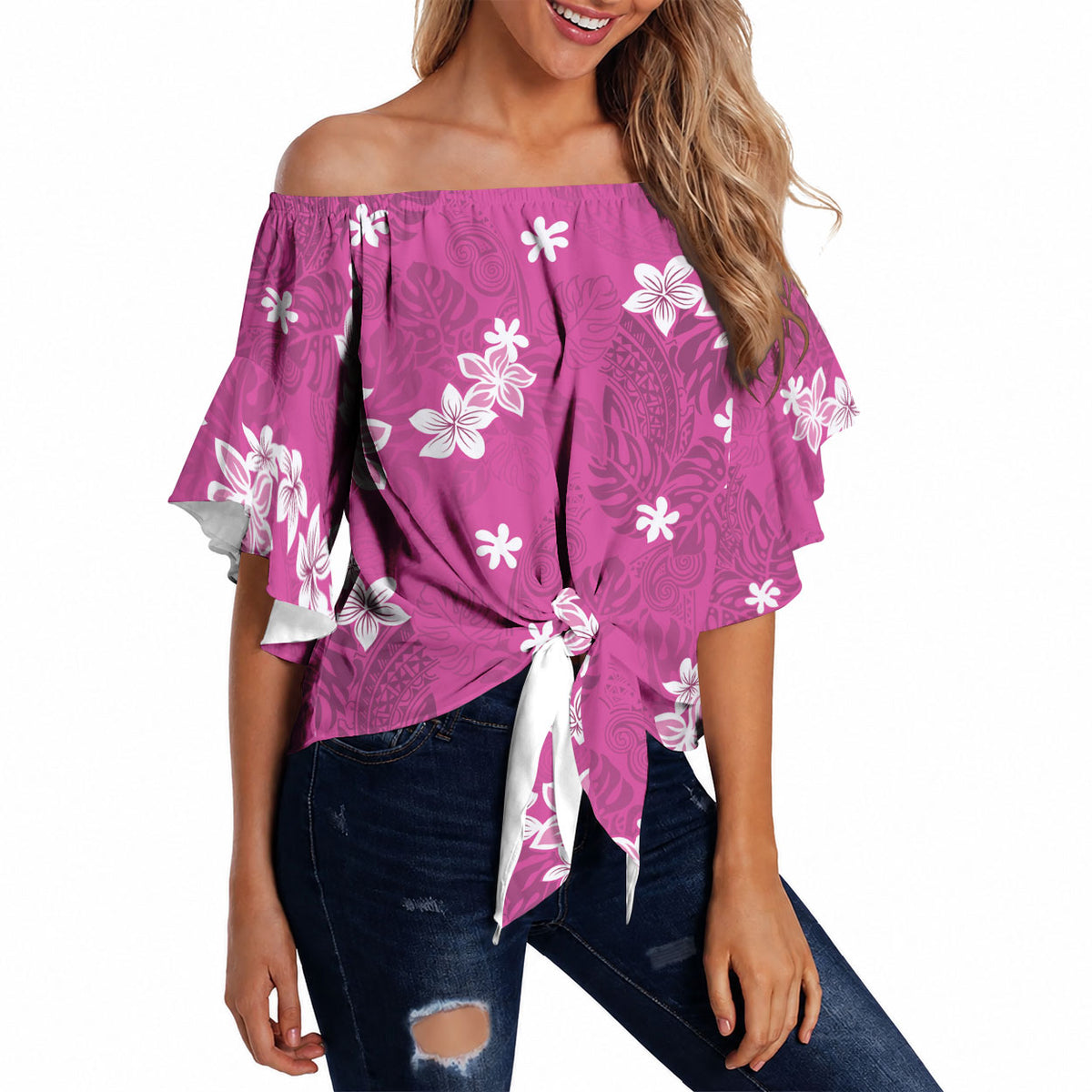 Hawaii Monstera Deliciosa Off Shoulder Wrap Waist Top Pink Plumeria Polynesian Pattern LT05 - Polynesian Pride