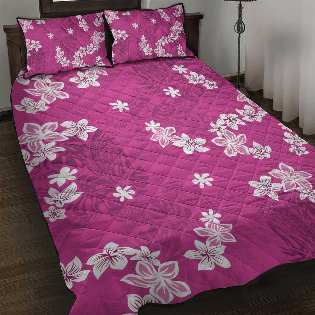 Hawaii Monstera Deliciosa Quilt Bed Set Pink Plumeria Polynesian Pattern - Polynesian Pride