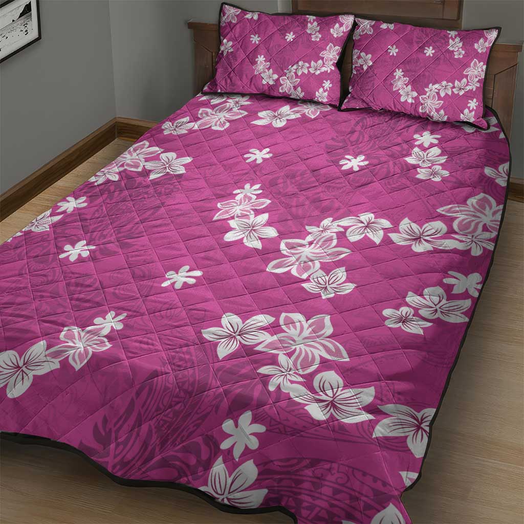 Hawaii Monstera Deliciosa Quilt Bed Set Pink Plumeria Polynesian Pattern - Polynesian Pride