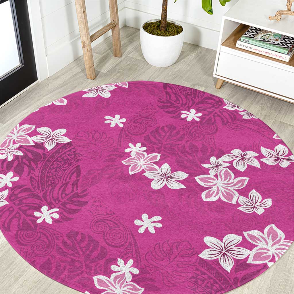 Hawaii Monstera Deliciosa Round Carpet Pink Plumeria Polynesian Pattern - Polynesian Pride