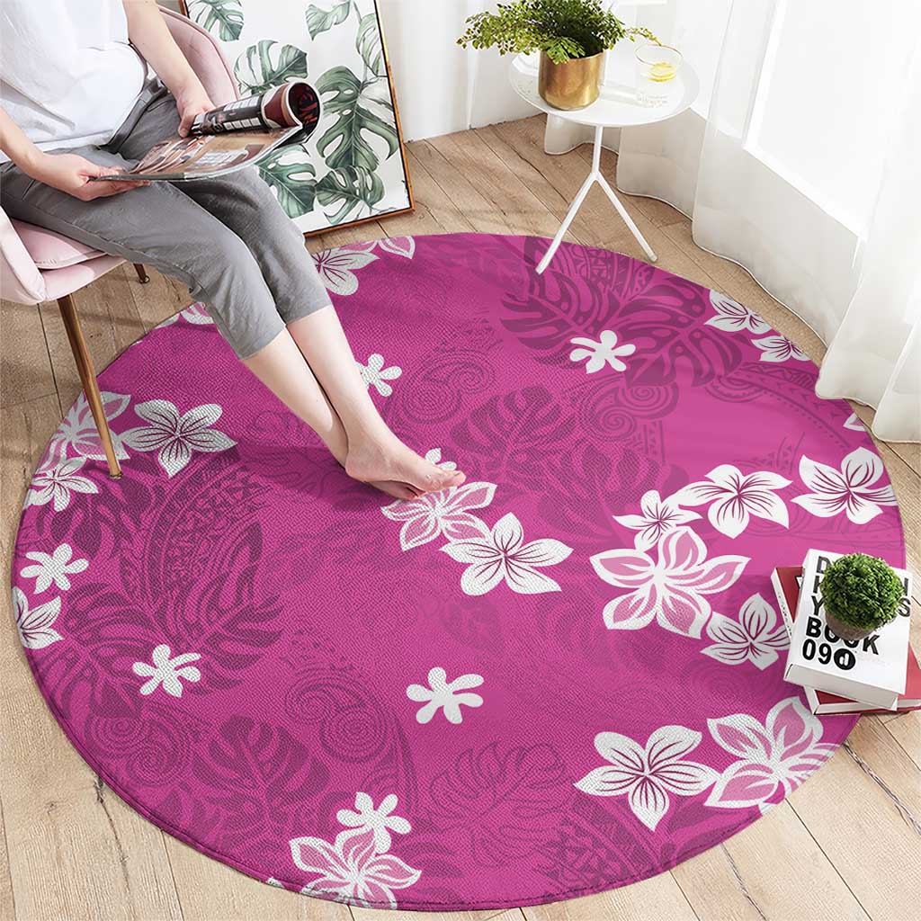Hawaii Monstera Deliciosa Round Carpet Pink Plumeria Polynesian Pattern - Polynesian Pride