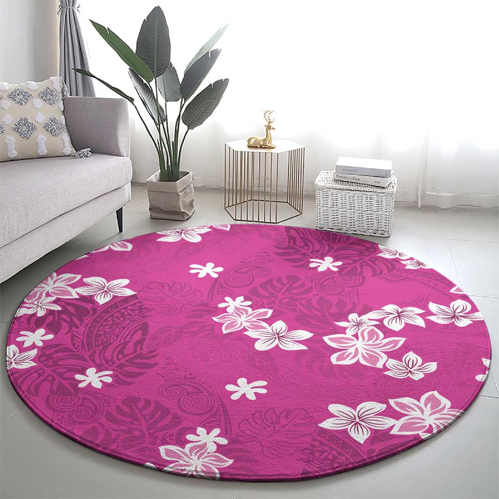 Hawaii Monstera Deliciosa Round Carpet Pink Plumeria Polynesian Pattern - Polynesian Pride