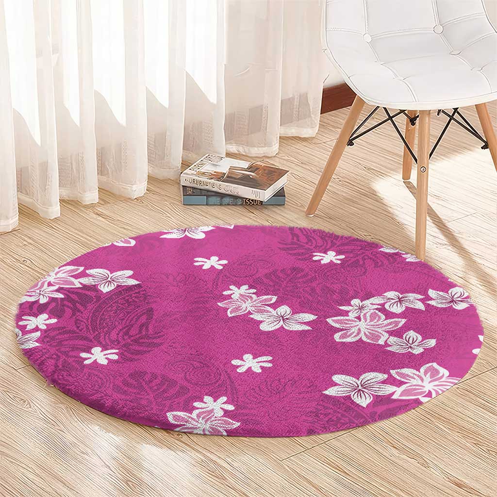 Hawaii Monstera Deliciosa Round Carpet Pink Plumeria Polynesian Pattern - Polynesian Pride