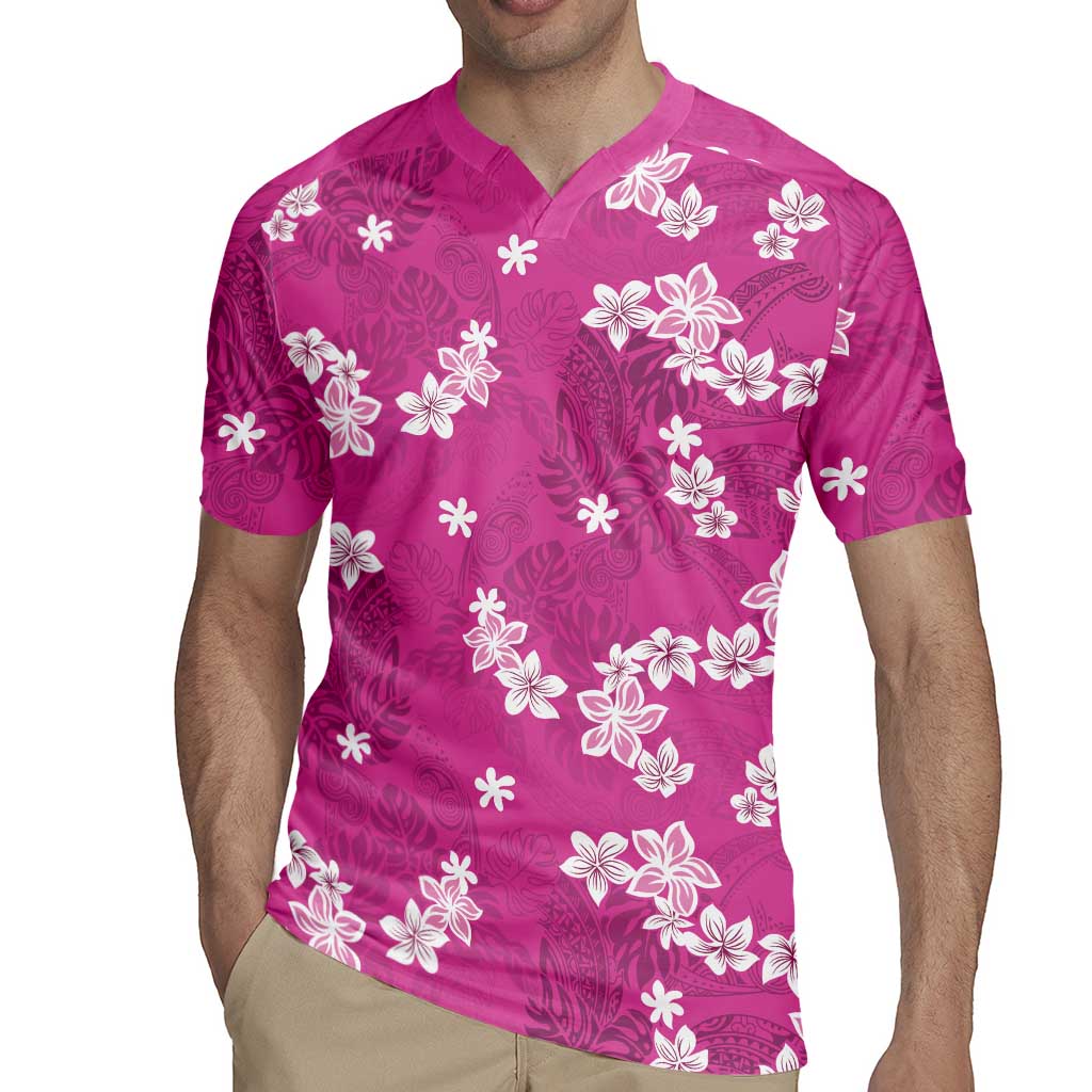Hawaii Monstera Deliciosa Rugby Jersey Pink Plumeria Polynesian Pattern LT05 - Polynesian Pride