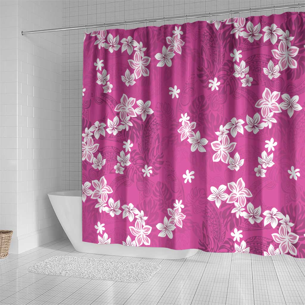 Hawaii Monstera Deliciosa Shower Curtain Pink Plumeria Polynesian Pattern - Polynesian Pride