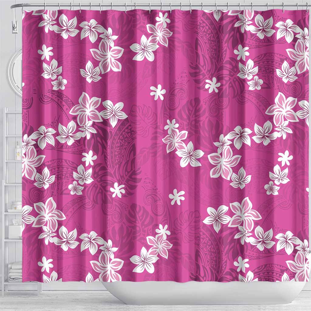 Hawaii Monstera Deliciosa Shower Curtain Pink Plumeria Polynesian Pattern - Polynesian Pride