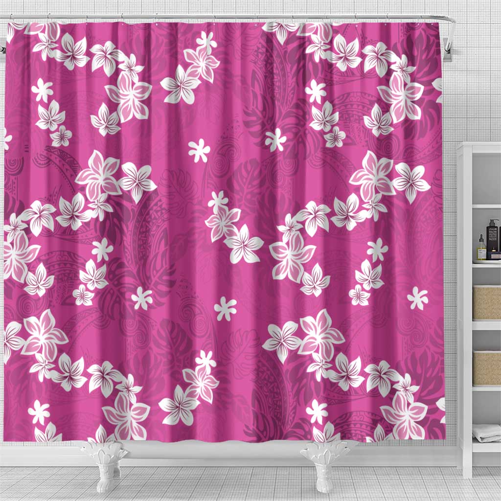Hawaii Monstera Deliciosa Shower Curtain Pink Plumeria Polynesian Pattern - Polynesian Pride