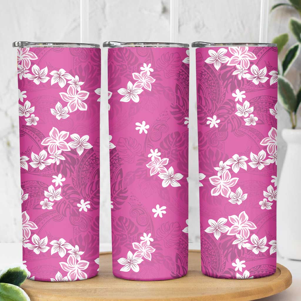 Hawaii Monstera Deliciosa Skinny Tumbler Pink Plumeria Polynesian Pattern - Polynesian Pride