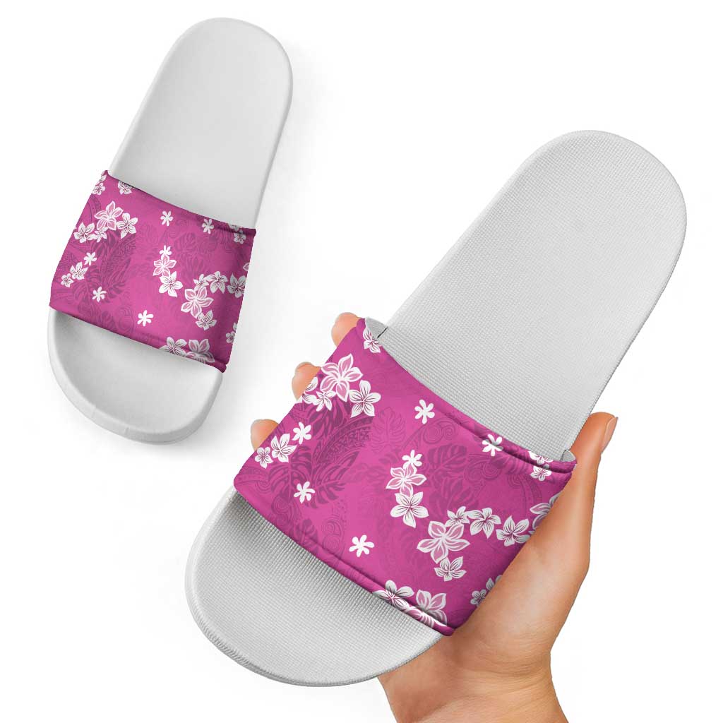 Hawaii Monstera Deliciosa Slide Sandals Pink Plumeria Polynesian Pattern - Polynesian Pride