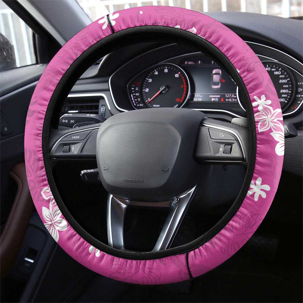 Hawaii Monstera Deliciosa Steering Wheel Cover Pink Plumeria Polynesian Pattern - Polynesian Pride