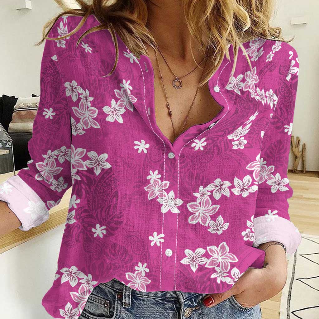 Hawaii Monstera Deliciosa Women Casual Shirt Pink Plumeria Polynesian Pattern - Polynesian Pride