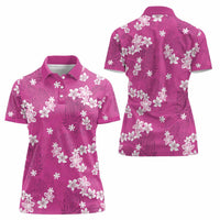 Hawaii Monstera Deliciosa Women Polo Shirt Pink Plumeria Polynesian Pattern - Polynesian Pride