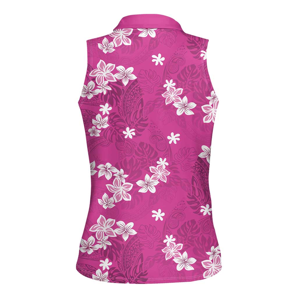 Hawaii Monstera Deliciosa Women Sleeveless Polo Shirt Pink Plumeria Polynesian Pattern LT05 - Polynesian Pride