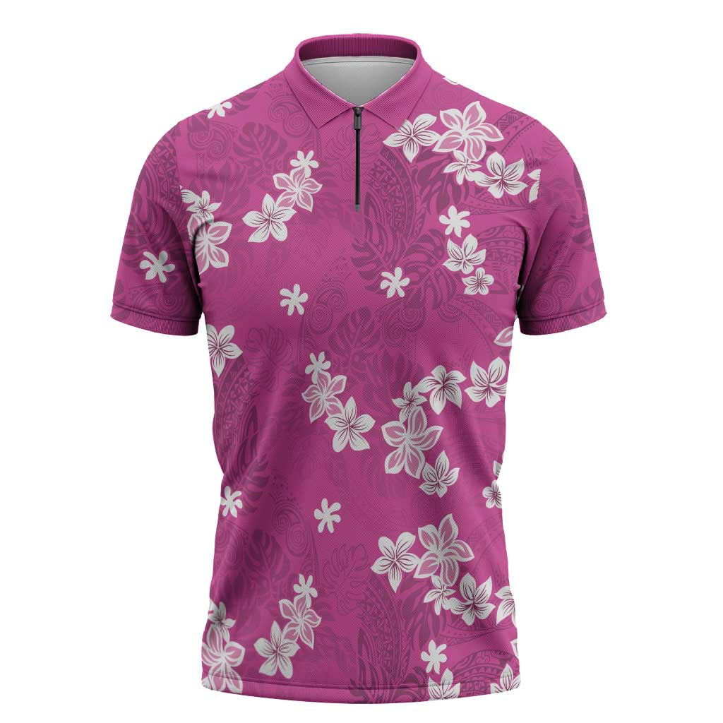 Hawaii Monstera Deliciosa Zipper Polo Shirt Pink Plumeria Polynesian Pattern LT05 Pink - Polynesian Pride