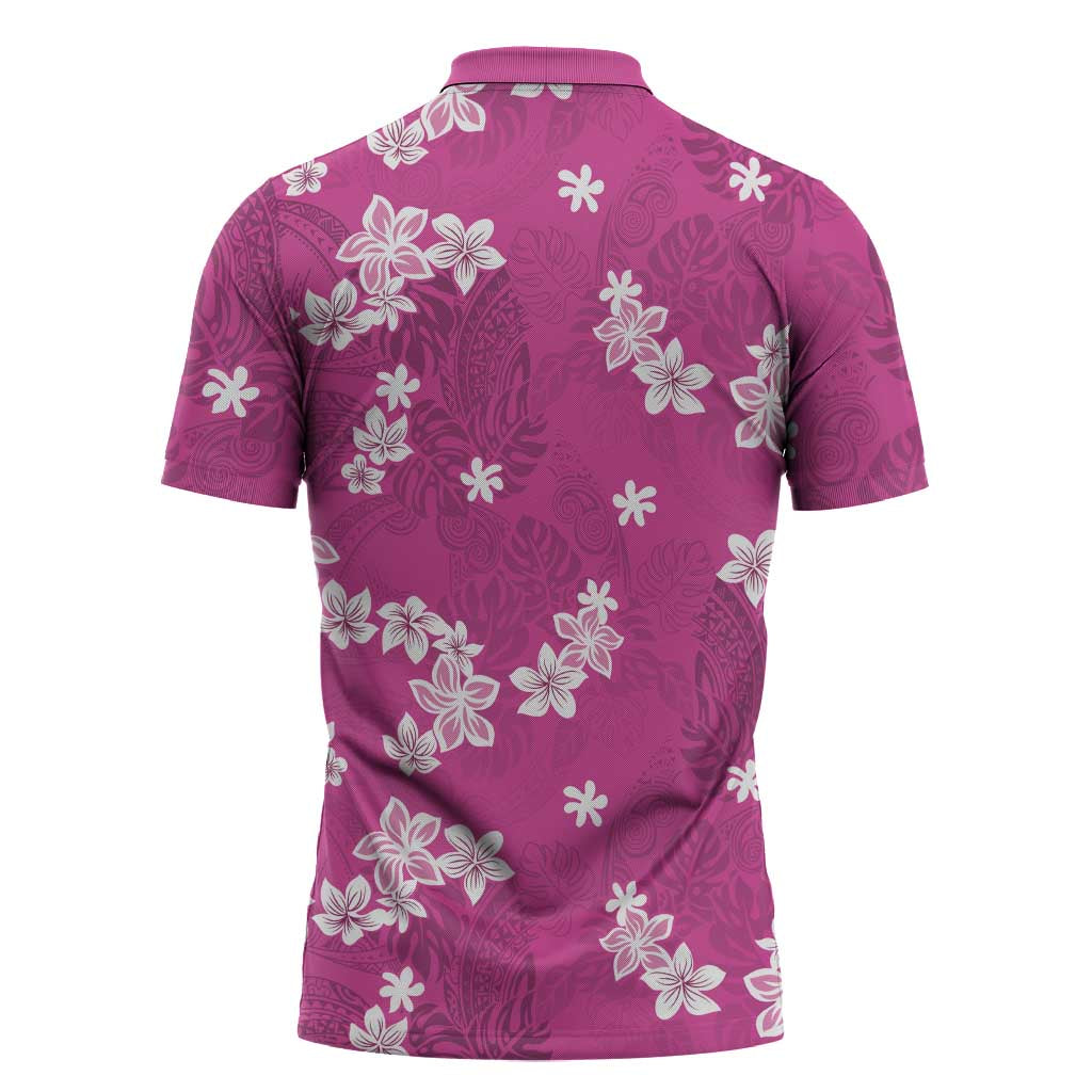 Hawaii Monstera Deliciosa Zipper Polo Shirt Pink Plumeria Polynesian Pattern LT05 - Polynesian Pride