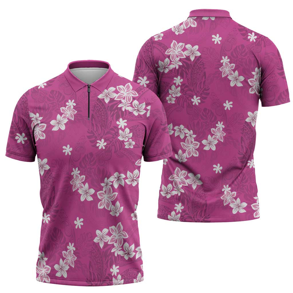 Hawaii Monstera Deliciosa Zipper Polo Shirt Pink Plumeria Polynesian Pattern LT05 - Polynesian Pride