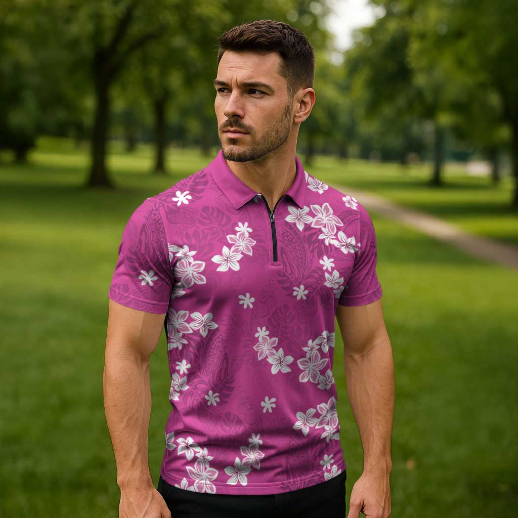 Hawaii Monstera Deliciosa Zipper Polo Shirt Pink Plumeria Polynesian Pattern LT05 - Polynesian Pride