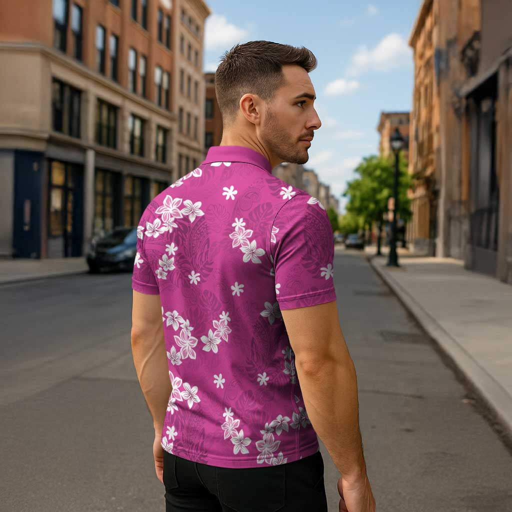 Hawaii Monstera Deliciosa Zipper Polo Shirt Pink Plumeria Polynesian Pattern LT05 - Polynesian Pride