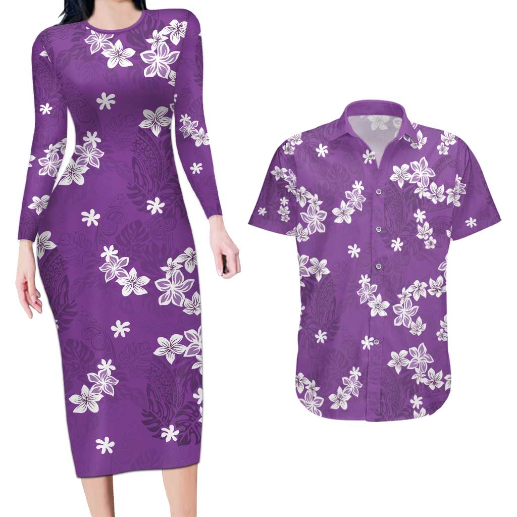 Hawaii Monstera Deliciosa Couples Matching Long Sleeve Bodycon Dress and Hawaiian Shirt Purple Plumeria Polynesian Pattern LT05 Purple - Polynesian Pride