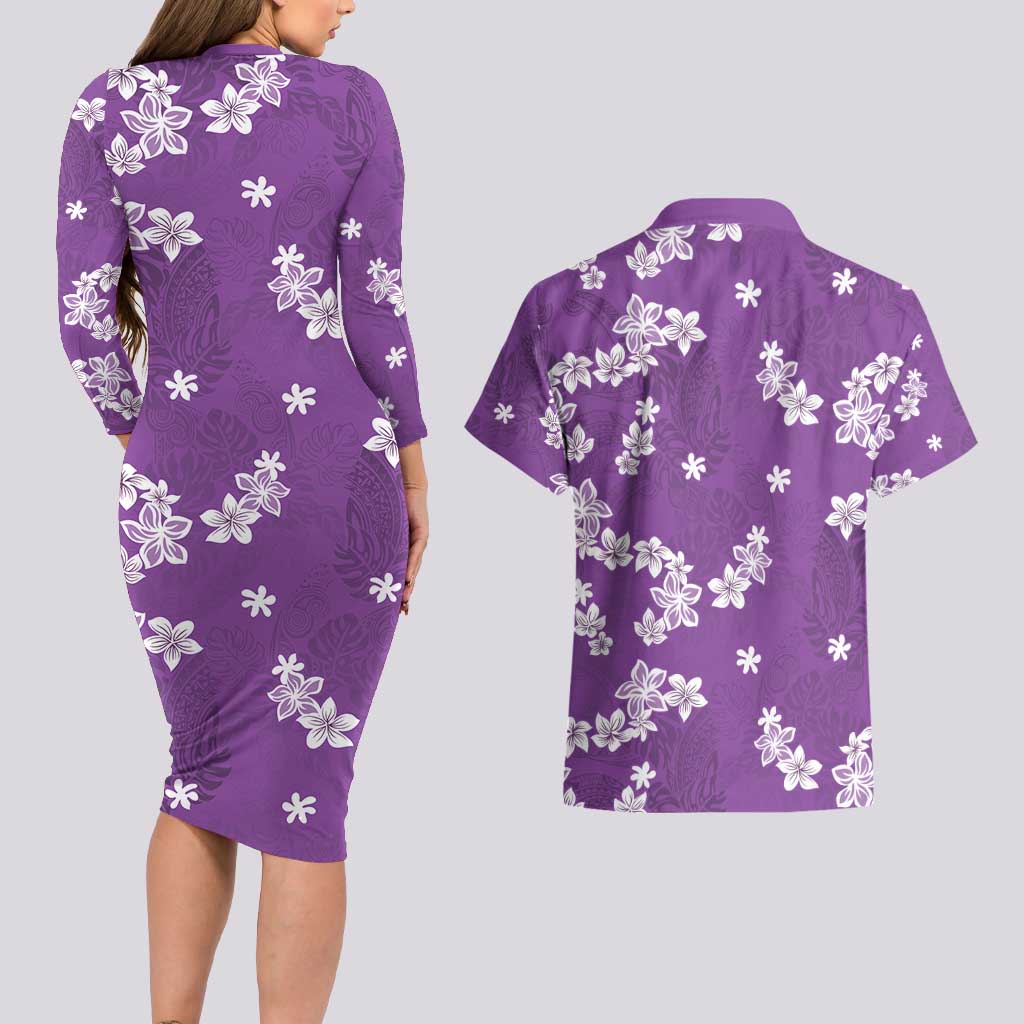 Hawaii Monstera Deliciosa Couples Matching Long Sleeve Bodycon Dress and Hawaiian Shirt Purple Plumeria Polynesian Pattern LT05 - Polynesian Pride