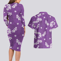 Hawaii Monstera Deliciosa Couples Matching Long Sleeve Bodycon Dress and Hawaiian Shirt Purple Plumeria Polynesian Pattern LT05 - Polynesian Pride