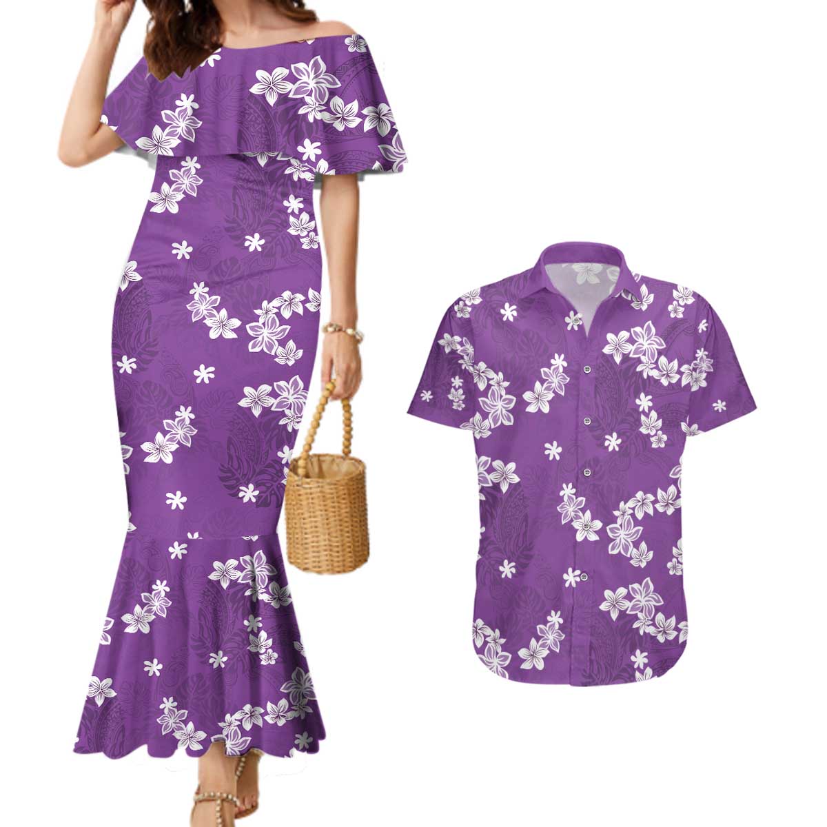 Hawaii Monstera Deliciosa Couples Matching Mermaid Dress and Hawaiian Shirt Purple Plumeria Polynesian Pattern LT05 Purple - Polynesian Pride