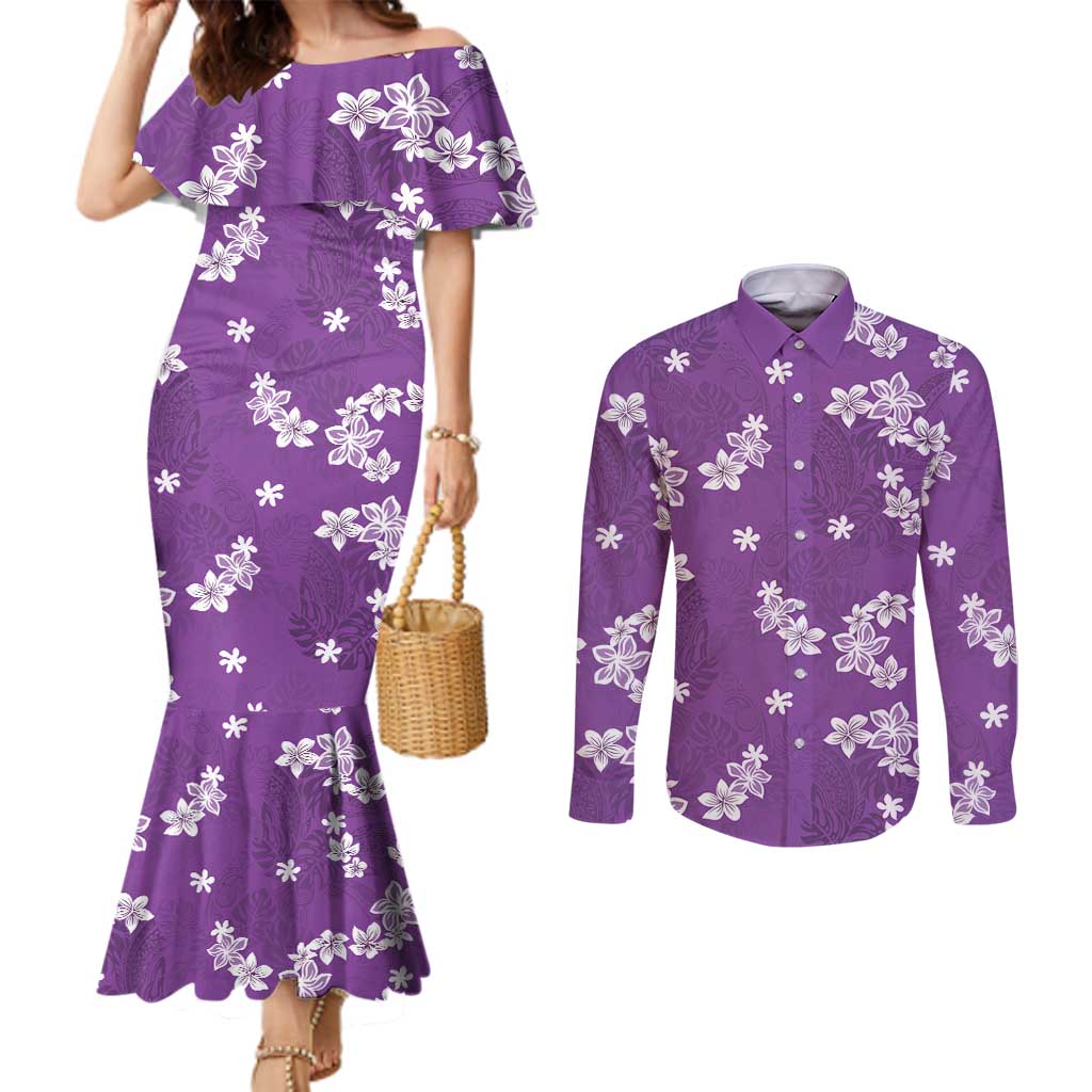 Hawaii Monstera Deliciosa Couples Matching Mermaid Dress and Long Sleeve Button Shirt Purple Plumeria Polynesian Pattern - Polynesian Pride