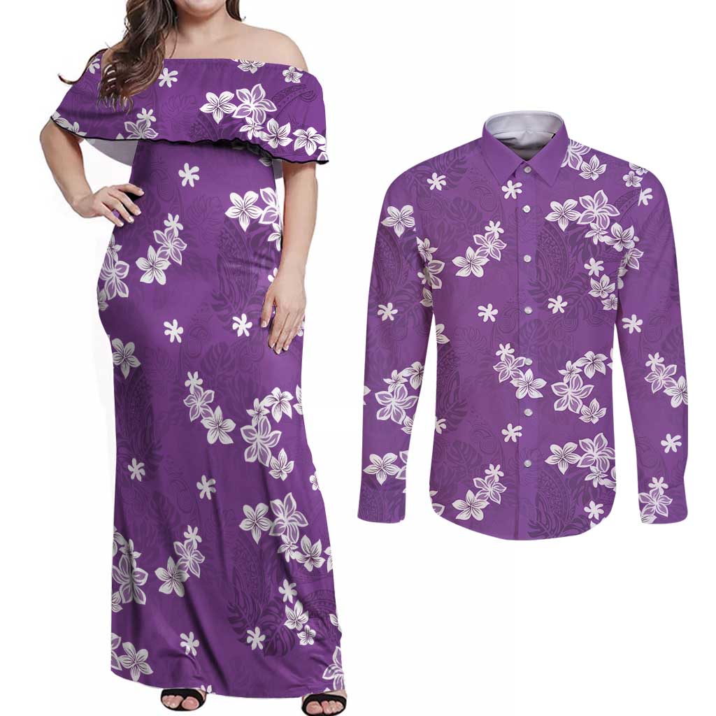 Hawaii Monstera Deliciosa Couples Matching Off Shoulder Maxi Dress and Long Sleeve Button Shirt Purple Plumeria Polynesian Pattern LT05 Purple - Polynesian Pride