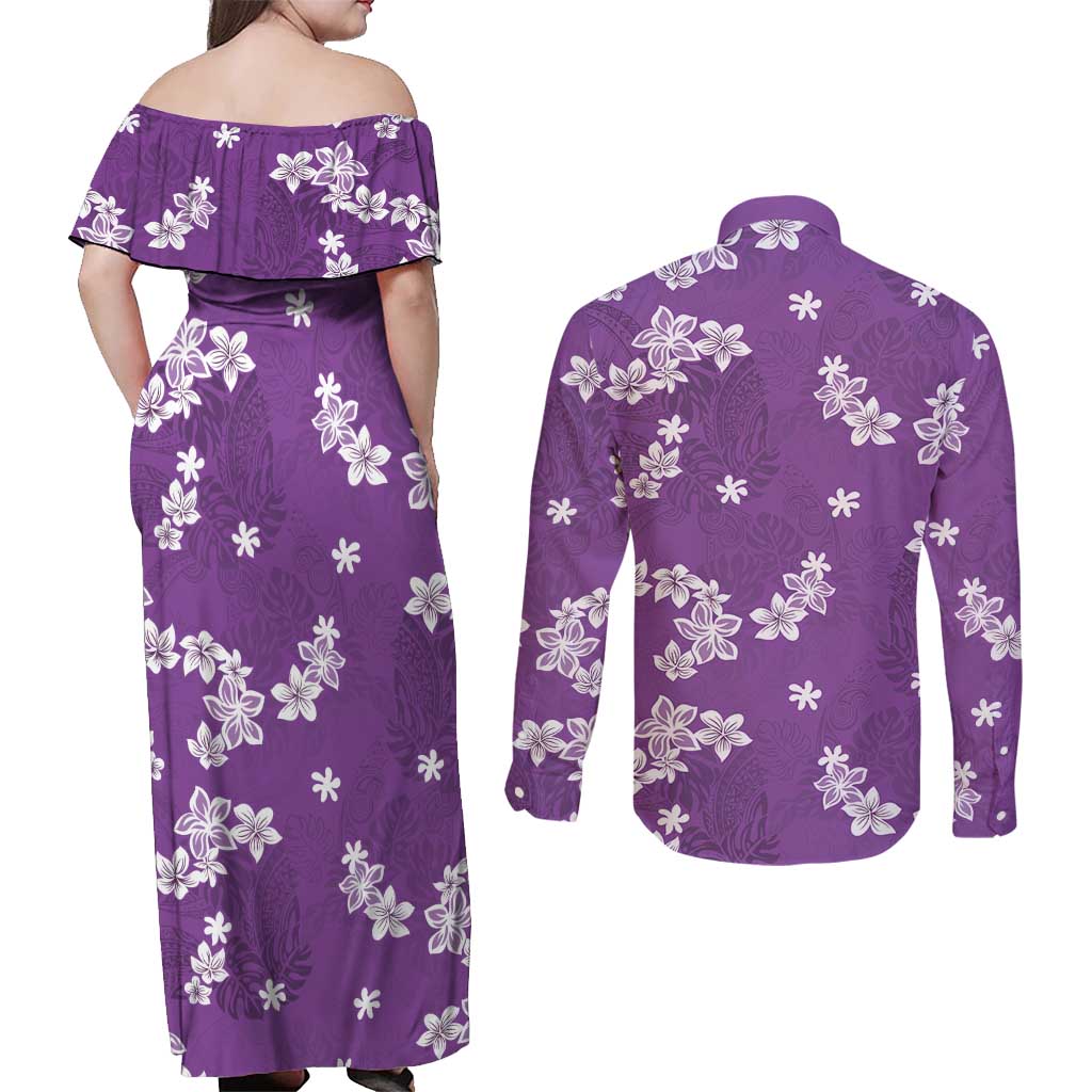 Hawaii Monstera Deliciosa Couples Matching Off Shoulder Maxi Dress and Long Sleeve Button Shirt Purple Plumeria Polynesian Pattern LT05 - Polynesian Pride
