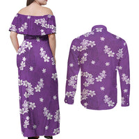 Hawaii Monstera Deliciosa Couples Matching Off Shoulder Maxi Dress and Long Sleeve Button Shirt Purple Plumeria Polynesian Pattern LT05 - Polynesian Pride