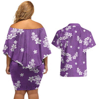 Hawaii Monstera Deliciosa Couples Matching Off Shoulder Short Dress and Hawaiian Shirt Purple Plumeria Polynesian Pattern LT05 - Polynesian Pride