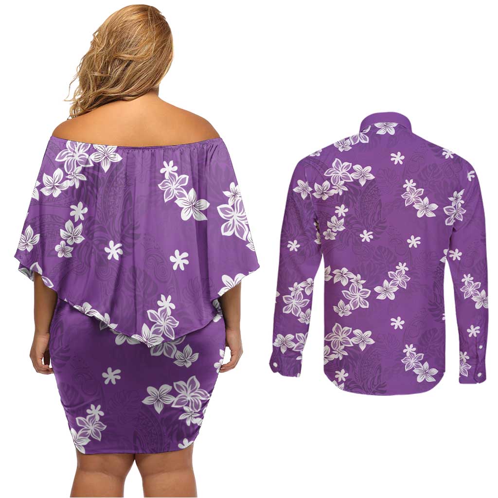 Hawaii Monstera Deliciosa Couples Matching Off Shoulder Short Dress and Long Sleeve Button Shirt Purple Plumeria Polynesian Pattern LT05 - Polynesian Pride