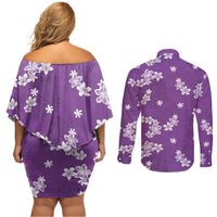 Hawaii Monstera Deliciosa Couples Matching Off Shoulder Short Dress and Long Sleeve Button Shirt Purple Plumeria Polynesian Pattern LT05 - Polynesian Pride