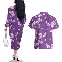 Hawaii Monstera Deliciosa Couples Matching Off The Shoulder Long Sleeve Dress and Hawaiian Shirt Purple Plumeria Polynesian Pattern - Polynesian Pride