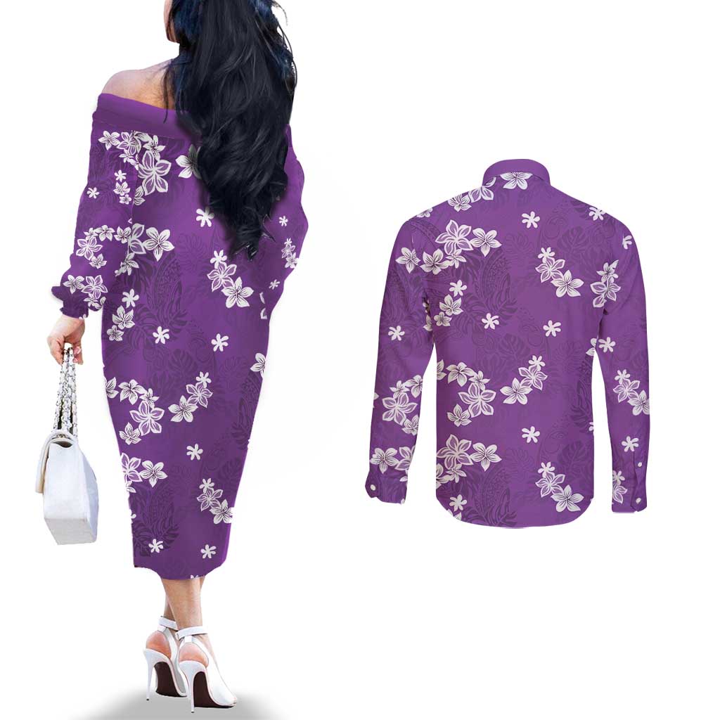 Hawaii Monstera Deliciosa Couples Matching Off The Shoulder Long Sleeve Dress and Long Sleeve Button Shirt Purple Plumeria Polynesian Pattern LT05 - Polynesian Pride