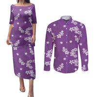 Hawaii Monstera Deliciosa Couples Matching Puletasi and Long Sleeve Button Shirt Purple Plumeria Polynesian Pattern LT05 Purple - Polynesian Pride