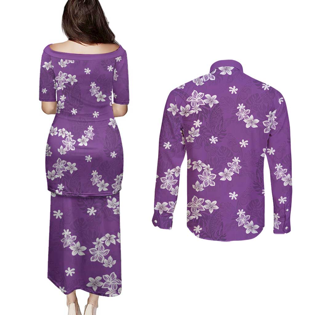 Hawaii Monstera Deliciosa Couples Matching Puletasi and Long Sleeve Button Shirt Purple Plumeria Polynesian Pattern LT05 - Polynesian Pride