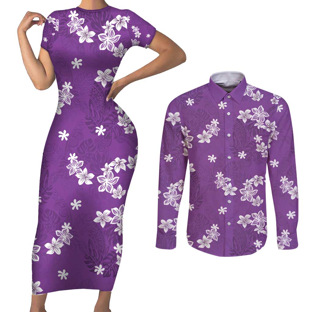 Hawaii Monstera Deliciosa Couples Matching Short Sleeve Bodycon Dress and Long Sleeve Button Shirt Purple Plumeria Polynesian Pattern LT05 Purple - Polynesian Pride