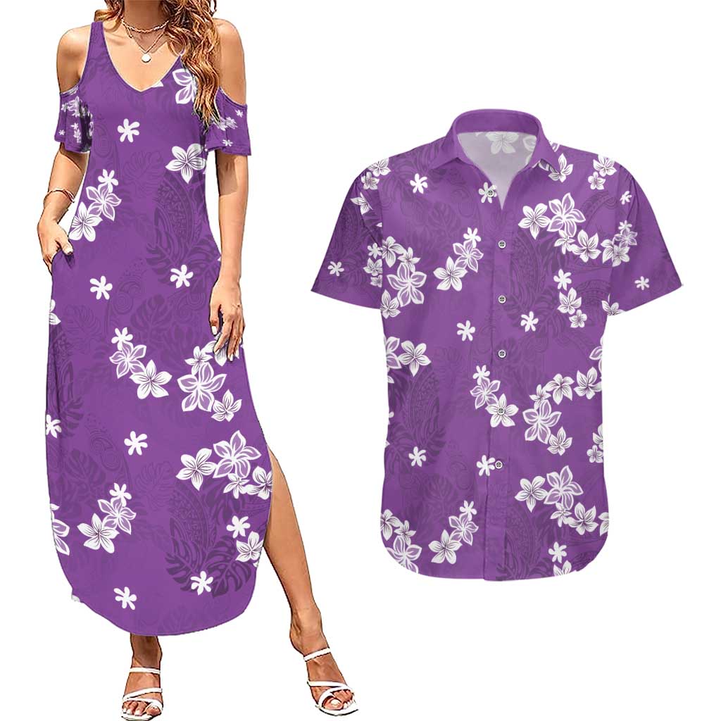 Hawaii Monstera Deliciosa Couples Matching Summer Maxi Dress and Hawaiian Shirt Purple Plumeria Polynesian Pattern LT05 Purple - Polynesian Pride