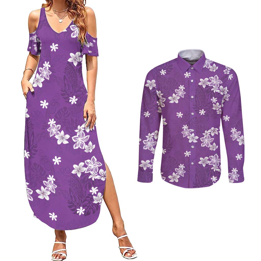 Hawaii Monstera Deliciosa Couples Matching Summer Maxi Dress and Long Sleeve Button Shirt Purple Plumeria Polynesian Pattern LT05 Purple - Polynesian Pride
