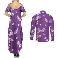 Hawaii Monstera Deliciosa Couples Matching Summer Maxi Dress and Long Sleeve Button Shirt Purple Plumeria Polynesian Pattern LT05 - Polynesian Pride